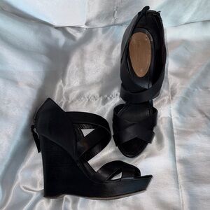 True Religion Black Leather Strap Wedge Heels